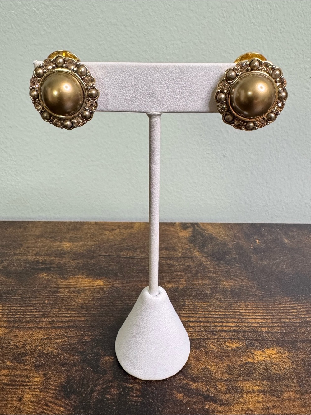 Monet Gold Plated Faux Brown Pearl Cabochon Clip-On Earrings